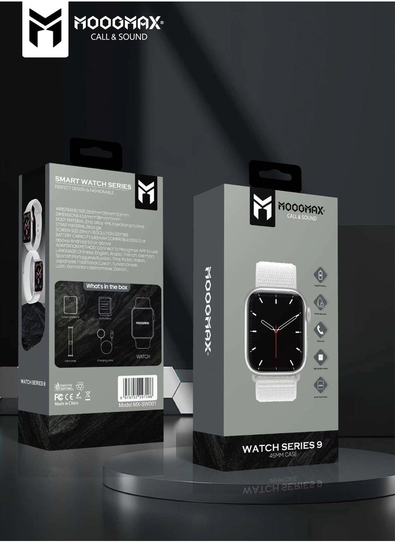 Moogmax Series 9 Smart Watch Features Water resistant, HD Display, Gesture Control, 7-10 Days Battery Life, Notifications, Call Answering, Sports Modes, And Health Measurement. In Silver.