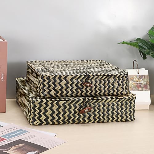 Hipiwe Woven Storage Basket with lid Flat Wicker Storage Baskets Bins Natural Seagrass Storage Baskets Box for Shelf Home Decor Set of 2 Blacks Strips - Image 3