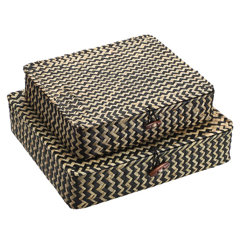 Hipiwe Woven Storage Basket with lid Flat Wicker Storage Baskets Bins Natural Seagrass Storage Baskets Box for Shelf Home Decor Set of 2 Blacks Strips - Image 2
