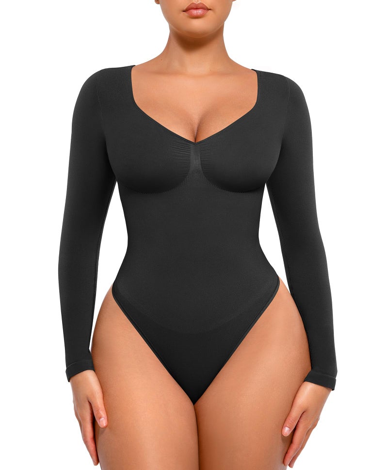 FeelinGirl Thong Bodysuits for Women Long Sleeve V Neck Shaping Tops Slimming Body Suits Tummy Control Black L - Image 1