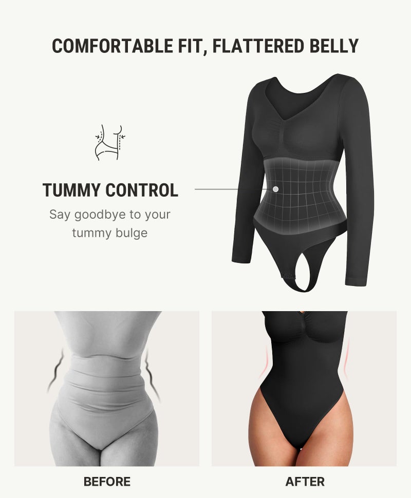 FeelinGirl Thong Bodysuits for Women Long Sleeve V Neck Shaping Tops Slimming Body Suits Tummy Control Black L - Image 3