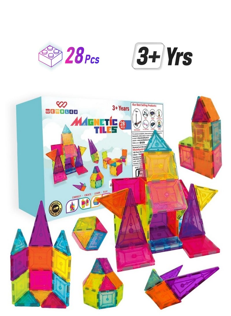 Wembley Wembley Magnetic Tiles for Kids | Magnetic Building Blocks for Kids 3 4 5 6 7 8 Years | Constructing and Creative Learning Educational Brain Toys | STEM Learning Kit Magnetic Toys for Kids - 28 Pcs  - Image 1