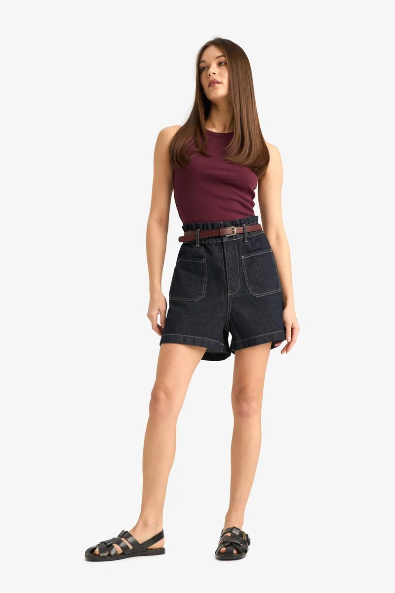 ديفاكتو Paperbag High Waist Folded Leg Denim Shorts