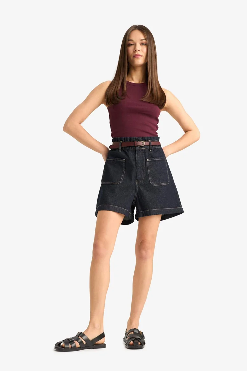 ديفاكتو Paperbag High Waist Folded Leg Denim Shorts