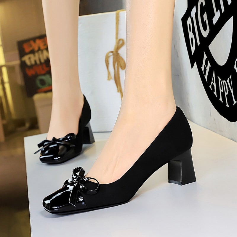 5297-H81 -Style Leopard Color-Matching Thick Heel Shoes Women'S Bow Mid-Heel Shoes Square Suede Shallow Mouth Women'S Shoes - Image 4