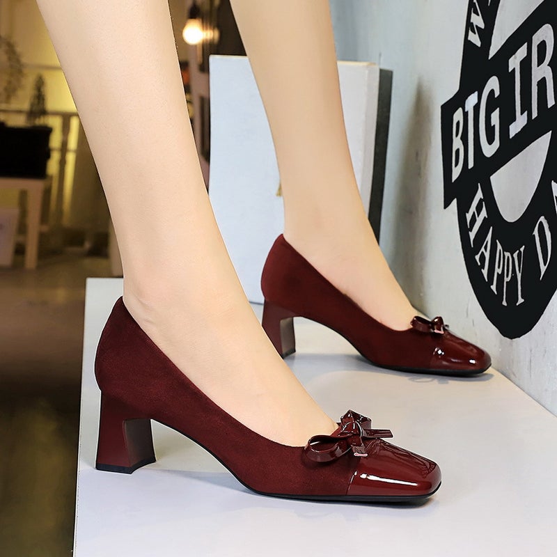 5297-H81 -Style Leopard Color-Matching Thick Heel Shoes Women'S Bow Mid-Heel Shoes Square Suede Shallow Mouth Women'S Shoes - Image 3