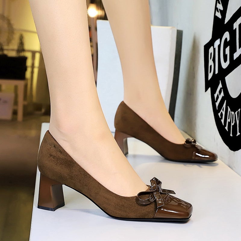 5297-H81 -Style Leopard Color-Matching Thick Heel Shoes Women'S Bow Mid-Heel Shoes Square Suede Shallow Mouth Women'S Shoes - Image 5