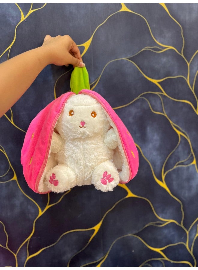 Adorable White Furry Bunny Plush, Soft and Cuddly, with Pink Ears and Strawberry Backpack, 25 cm  - Image 5