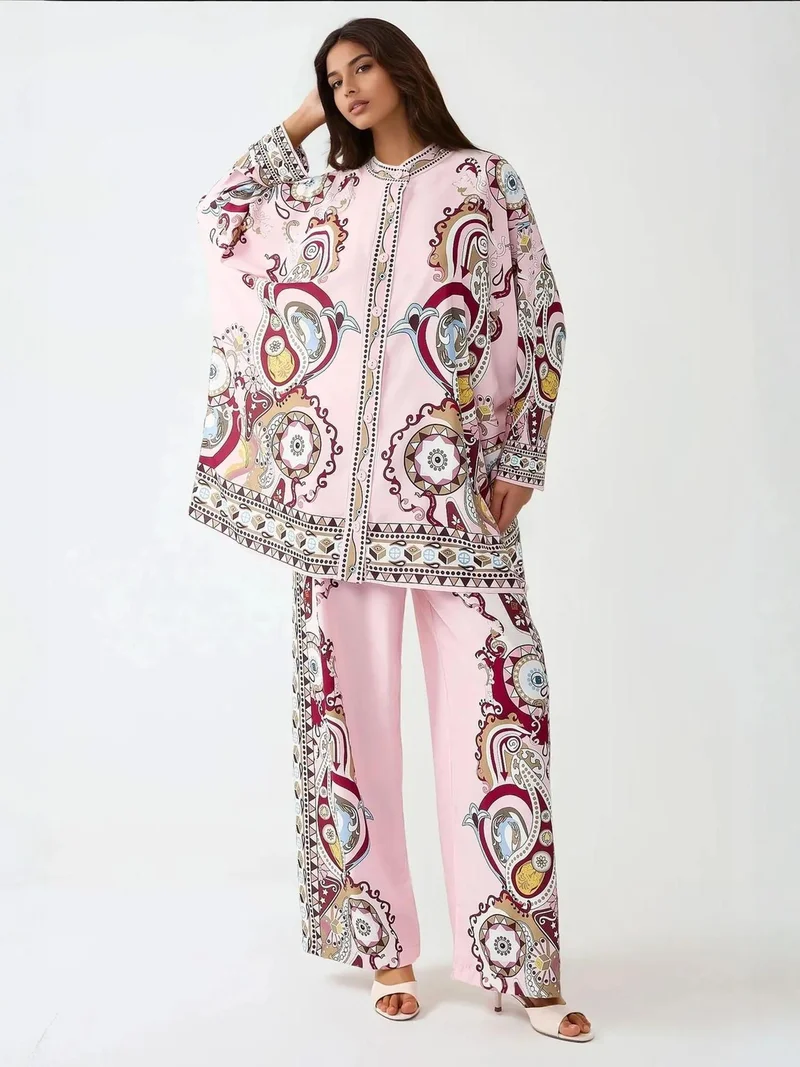 Printed Shrt & High Waist Wide Leg Two-Piece Set