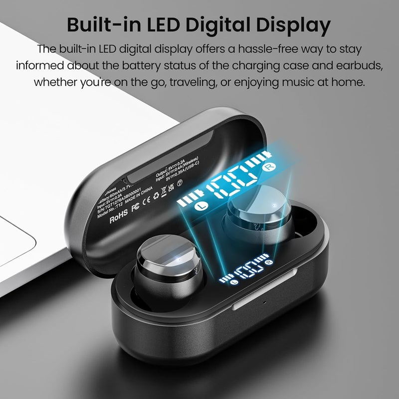 توزو سماعات أذن لاسلكية T12 (إصدار مريح مضغوط) بتقنية Bluetooth 5.3، ميكروفون إلغاء الضوضاء ENC للمكالمات، وقت تشغيل 55 ساعة، تطبيق لتخصيص EQ، مقاومة للماء IPX8، شاشة LED رقمية، صوت ممتاز عالي الجودة - Image 2