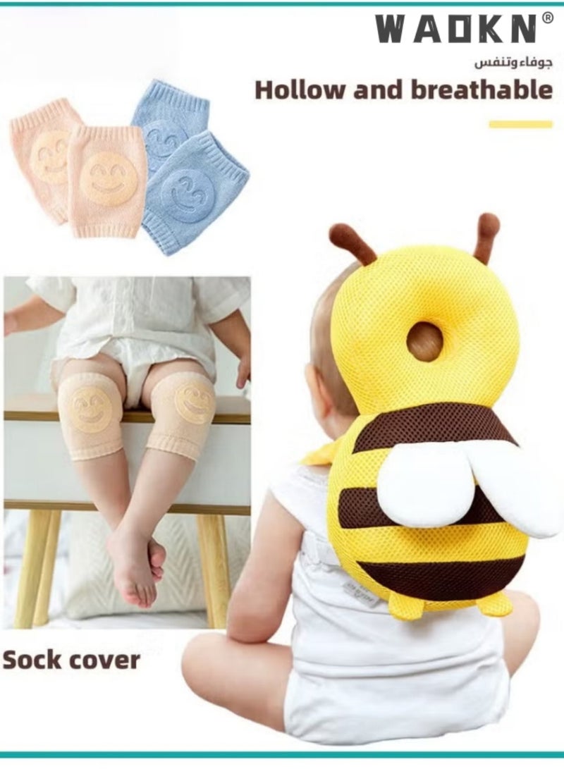 دبليو أيه أو كي أن Baby Bee Head Protector وسادة حماية السلامة التنفسية للأطفال الصغار مع 2 وسادة الركبة للزحف والمشي ، وسادة السلامة المضادة للسقوط للأطفال الصغار ، واقية كريستال مخملية قابلة للتنفس مع أحزمة قابلة للتعديل ، وسادة حماية مقاومة للصدمات للأطفال الرضع 5 أشهر-3 سنوات (35 * 17 سم) - Image 5