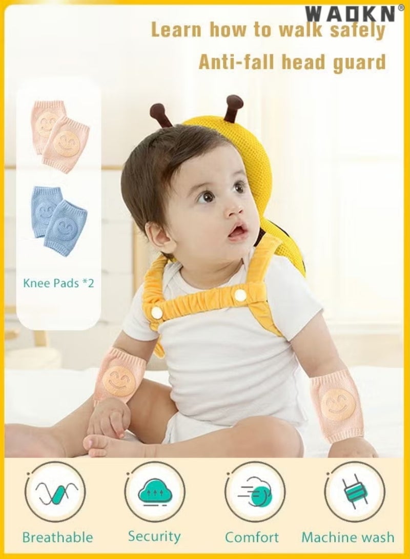 دبليو أيه أو كي أن Baby Bee Head Protector وسادة حماية السلامة التنفسية للأطفال الصغار مع 2 وسادة الركبة للزحف والمشي ، وسادة السلامة المضادة للسقوط للأطفال الصغار ، واقية كريستال مخملية قابلة للتنفس مع أحزمة قابلة للتعديل ، وسادة حماية مقاومة للصدمات للأطفال الرضع 5 أشهر-3 سنوات (35 * 17 سم) - Image 2