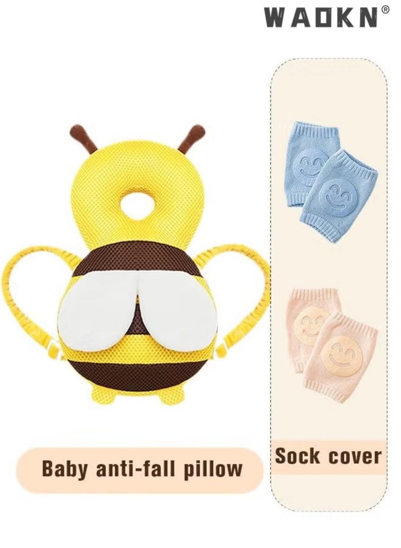 دبليو أيه أو كي أن Baby Bee Head Protector وسادة حماية السلامة التنفسية للأطفال الصغار مع 2 وسادة الركبة للزحف والمشي ، وسادة السلامة المضادة للسقوط للأطفال الصغار ، واقية كريستال مخملية قابلة للتنفس مع أحزمة قابلة للتعديل ، وسادة حماية مقاومة للصدمات للأطفال الرضع 5 أشهر-3 سنوات (35 * 17 سم) - Image 1