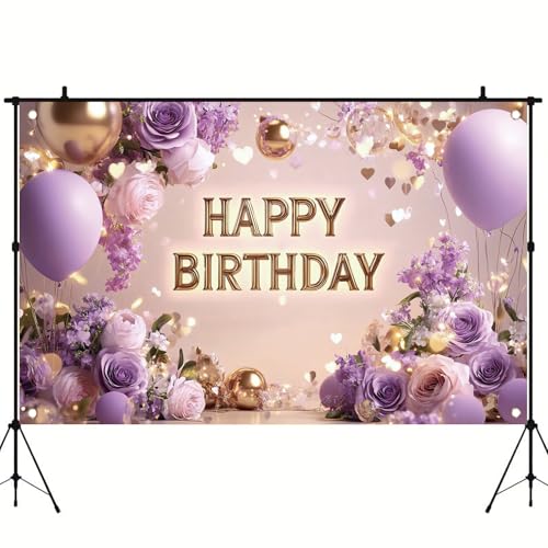 Saoplasa Purple Gold Happy Birthday Backdrop Banner with Flowers Balloons Glitter Lights Photography Background for Women Girls Party Decoration Supplies Birthday Banner Photo Booth Props 71x43 Inch - Image 4