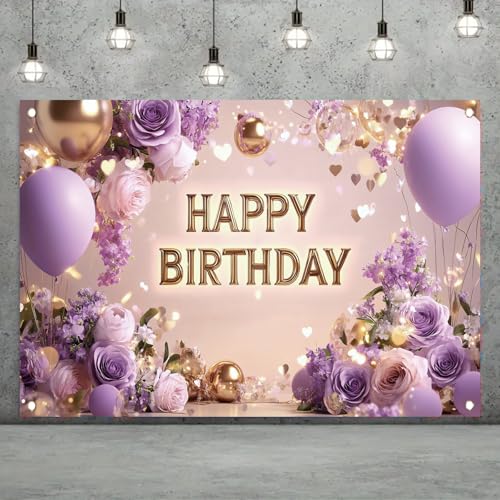 Saoplasa Purple Gold Happy Birthday Backdrop Banner with Flowers Balloons Glitter Lights Photography Background for Women Girls Party Decoration Supplies Birthday Banner Photo Booth Props 71x43 Inch - Image 2
