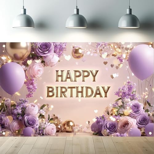 Saoplasa Purple Gold Happy Birthday Backdrop Banner with Flowers Balloons Glitter Lights Photography Background for Women Girls Party Decoration Supplies Birthday Banner Photo Booth Props 71x43 Inch - Image 1