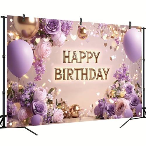Saoplasa Purple Gold Happy Birthday Backdrop Banner with Flowers Balloons Glitter Lights Photography Background for Women Girls Party Decoration Supplies Birthday Banner Photo Booth Props 71x43 Inch - Image 3
