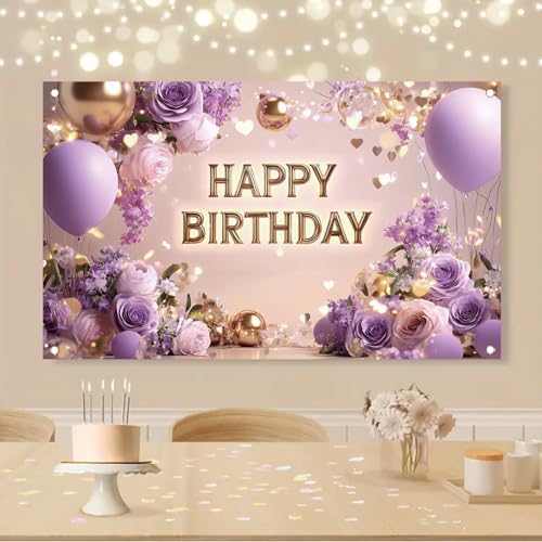 Saoplasa Purple Gold Happy Birthday Backdrop Banner with Flowers Balloons Glitter Lights Photography Background for Women Girls Party Decoration Supplies Birthday Banner Photo Booth Props 71x43 Inch - Image 5