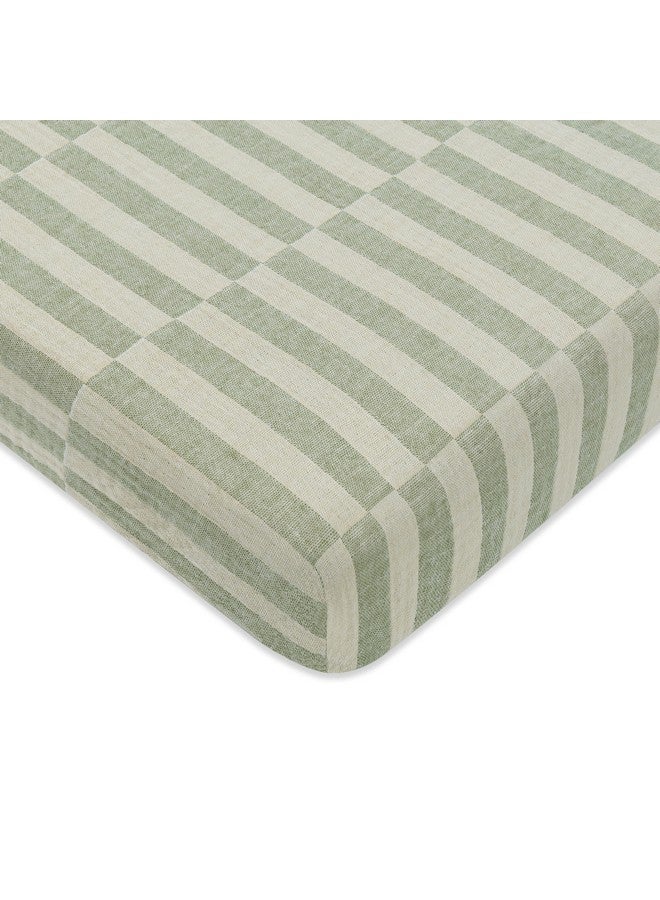 Babyletto 100% Organic Cotton Mini Crib Sheet, GOTS-Certified, Fitted 360°, Ultra-Soft and Breathable Muslin - Moss Green Offset Stripe - Image 1