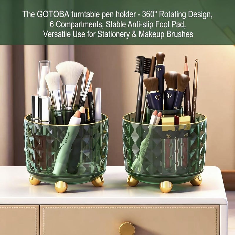 GOTOBA Dark Green Pen Pencil Holder for Desk, 360° Rotating Pen Organizer, Green Office Supplies, Cute Pen Holder, 6-Compartment Pencil Holder Rotating - Image 3