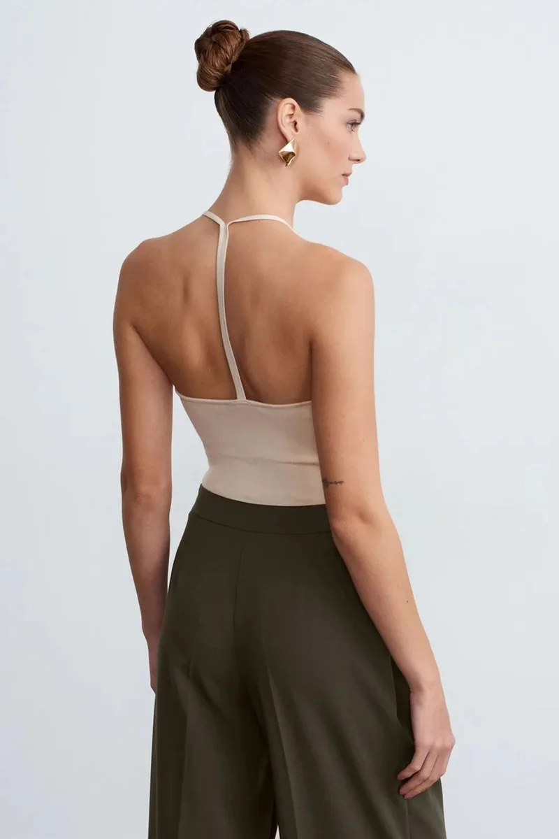 Dilvin Beige Natural DILVIN Slim Fit Halterneck Jersey Blouse for Women | Best Price UAE
