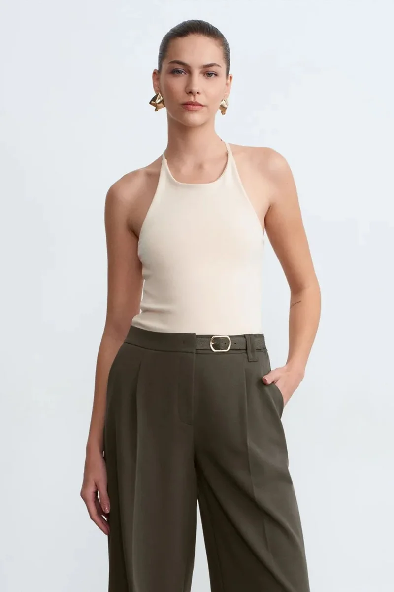 Dilvin Beige Natural DILVIN Slim Fit Halterneck Jersey Blouse for Women | Best Price UAE