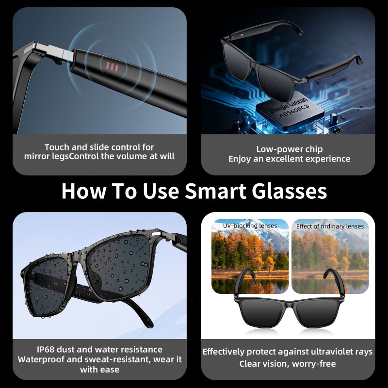 لقمات إلكترونيات Lokmat M01 Bluetooth Smart Glasses, Sports Sunglasses with Photochromic Lenses, Black - Image 5