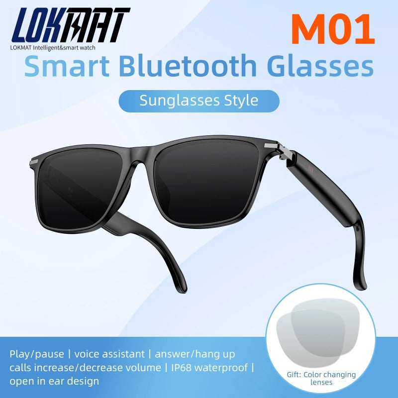 لقمات إلكترونيات Lokmat M01 Bluetooth Smart Glasses, Sports Sunglasses with Photochromic Lenses, Black - Image 1