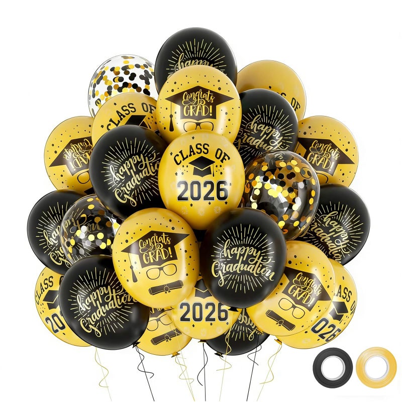 Qmraercu بالونات التخرج 2026 زينة حفلة التخرج 50 قطعة 12 بوصة بالونات لاتكس سوداء وذهبية بالونات حفلة التخرج لاحتفالات صف التخرج - Image 2