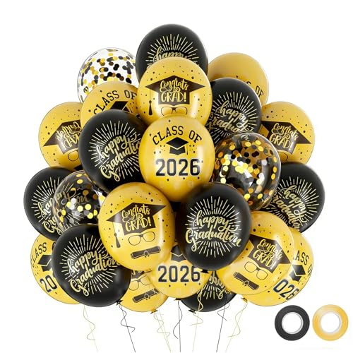 Qmraercu بالونات التخرج 2026 زينة حفلة التخرج 50 قطعة 12 بوصة بالونات لاتكس سوداء وذهبية بالونات حفلة التخرج لاحتفالات صف التخرج - Image 1