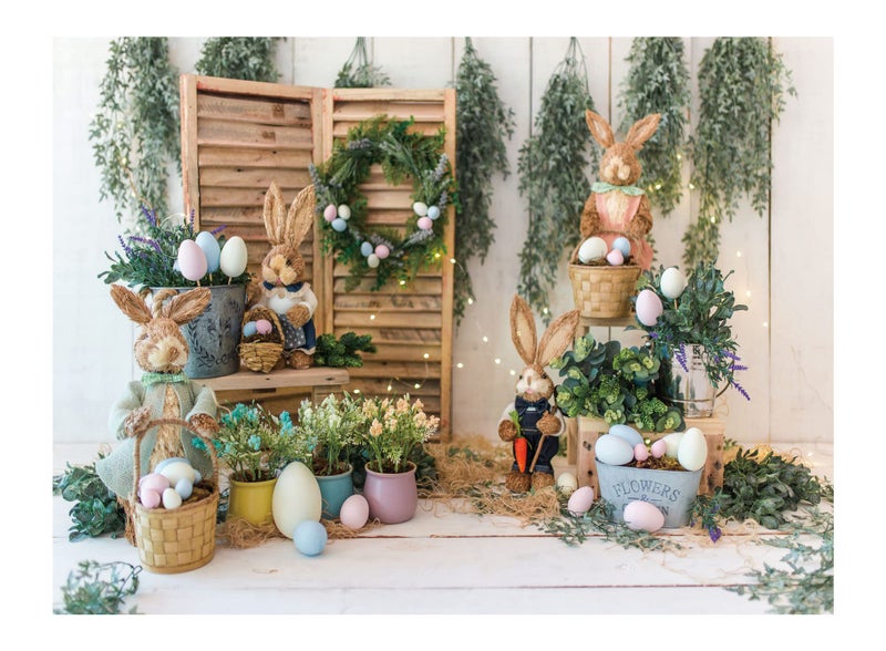 Allenjoy 8x6ft Spring Easter Backdrop Hare Rabbits Colorful Eggs Rustic Wood Floor Photography Background for Kids Children Newborn Baby Shower Birthday Party Decor Banner Portrait Photo Booth Props