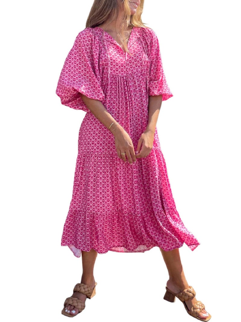 miduo Womens Dresses Beach Loose Autumn V Neck Short Half Sleeve Floral Pattern Bohemian Long Maxi Flowy Ankle Dresses L - Image 1