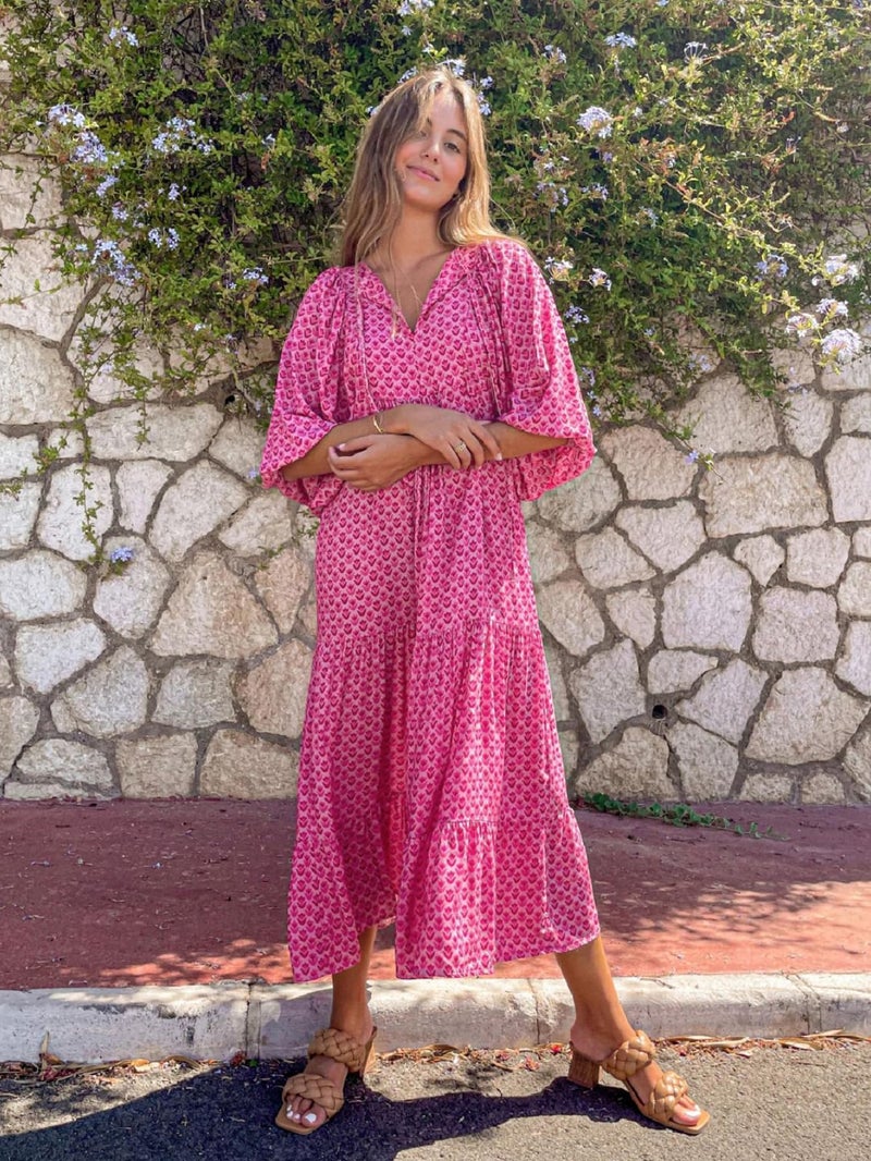 miduo Womens Dresses Beach Loose Autumn V Neck Short Half Sleeve Floral Pattern Bohemian Long Maxi Flowy Ankle Dresses L - Image 5
