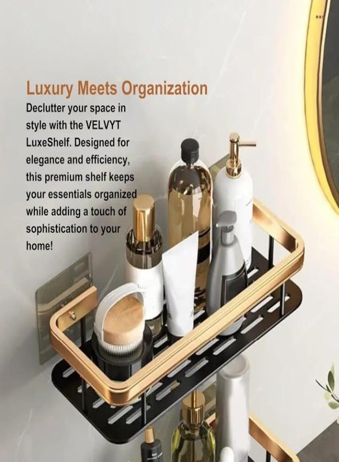STARKENDY Aluminium Self-Adhesive Bathroom Shelf | Wall Mounted Storage Rack | Suitable for Shampoo, Soap & Toiletries | Easy Install No Drill Organizer for Bathroom Accessories | (Black & Golden) - Image 2