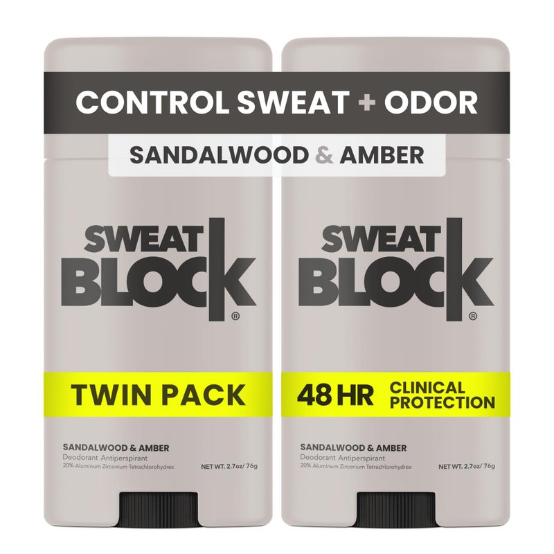 SweatBlock Clinical Strength Deodorant and Antiperspirant for Men and Women Sandalwood & Amber Scent 2 Pack 48 Hour Protection Against Odor & Excessive Sweat Ideal for Active Lifestyles and Daily Use - Image 1