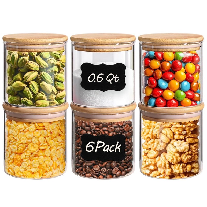 ComSaf Airtight Glass Food Storage Jars Set of 6 06 Qt Clear Glass Food Storage Container with Sealing Wooden Lid Stackable Spice Jar Round Kitchen Canister for Sugar Tea Coffee bean Pasta Oat - Image 2