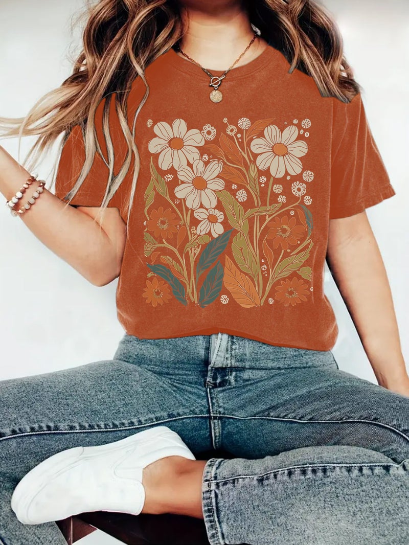 Summer Women'S Plant Flower Pattern Printing Round Neck Short Sleeve Casual Fashion Explosion T-Shirt - Image 1