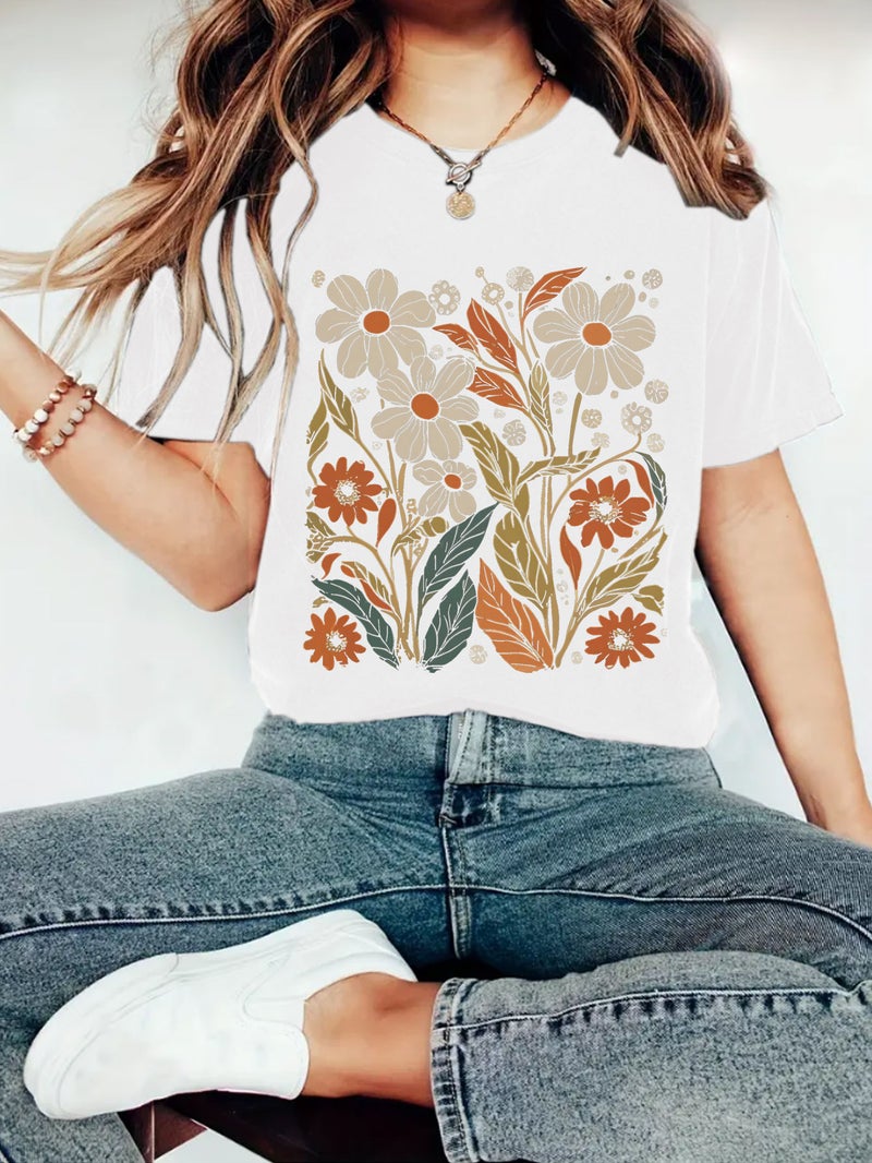 Summer Women'S Plant Flower Pattern Printing Round Neck Short Sleeve Casual Fashion Explosion T-Shirt - Image 3