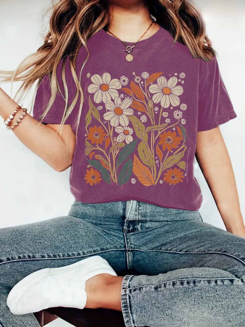 Summer Women'S Plant Flower Pattern Printing Round Neck Short Sleeve Casual Fashion Explosion T-Shirt - Image 5