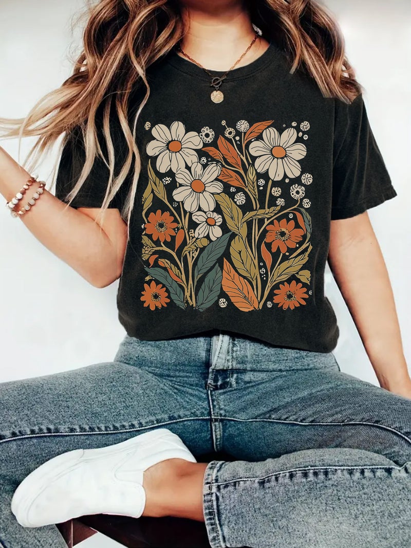 Summer Women'S Plant Flower Pattern Printing Round Neck Short Sleeve Casual Fashion Explosion T-Shirt - Image 4