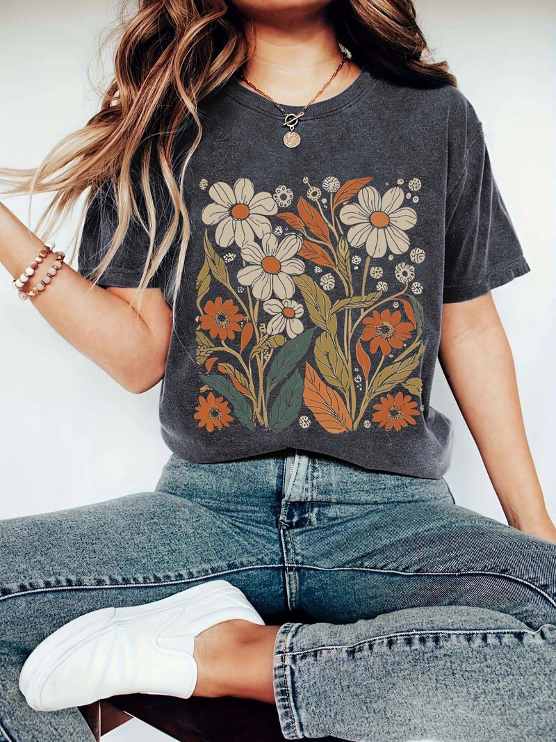 Summer Women'S Plant Flower Pattern Printing Round Neck Short Sleeve Casual Fashion Explosion T-Shirt - Image 2