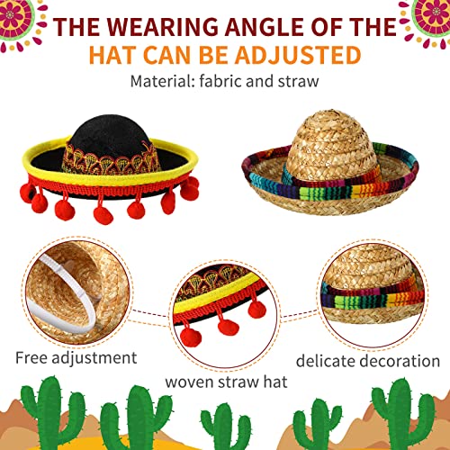 JaGely 4 Pcs Cinco De Mayo Mexican Fiesta Serape Poncho Fabric and Straw Sombrero Headbands Costume(Retro) - Image 3