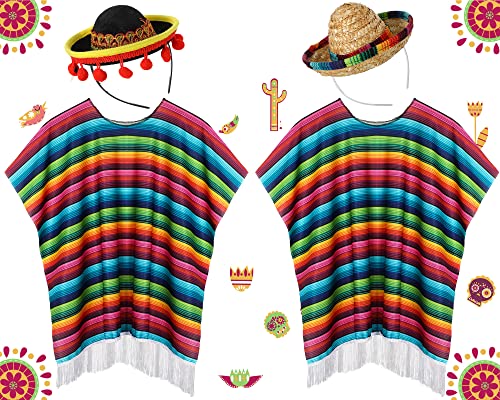 JaGely 4 Pcs Cinco De Mayo Mexican Fiesta Serape Poncho Fabric and Straw Sombrero Headbands Costume(Retro) - Image 1