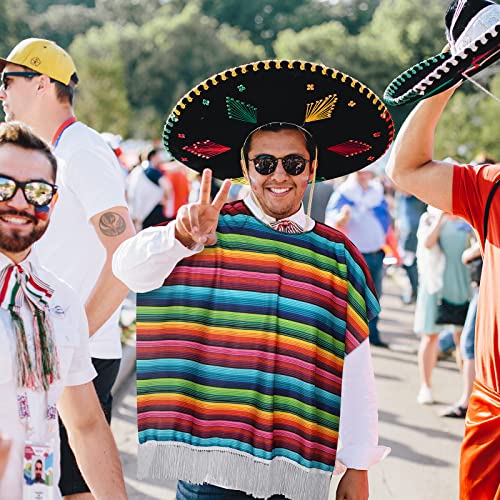 JaGely 4 Pcs Cinco De Mayo Mexican Fiesta Serape Poncho Fabric and Straw Sombrero Headbands Costume(Retro) - Image 4