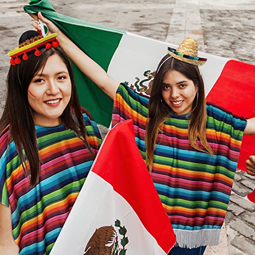 JaGely 4 Pcs Cinco De Mayo Mexican Fiesta Serape Poncho Fabric and Straw Sombrero Headbands Costume(Retro) - Image 5