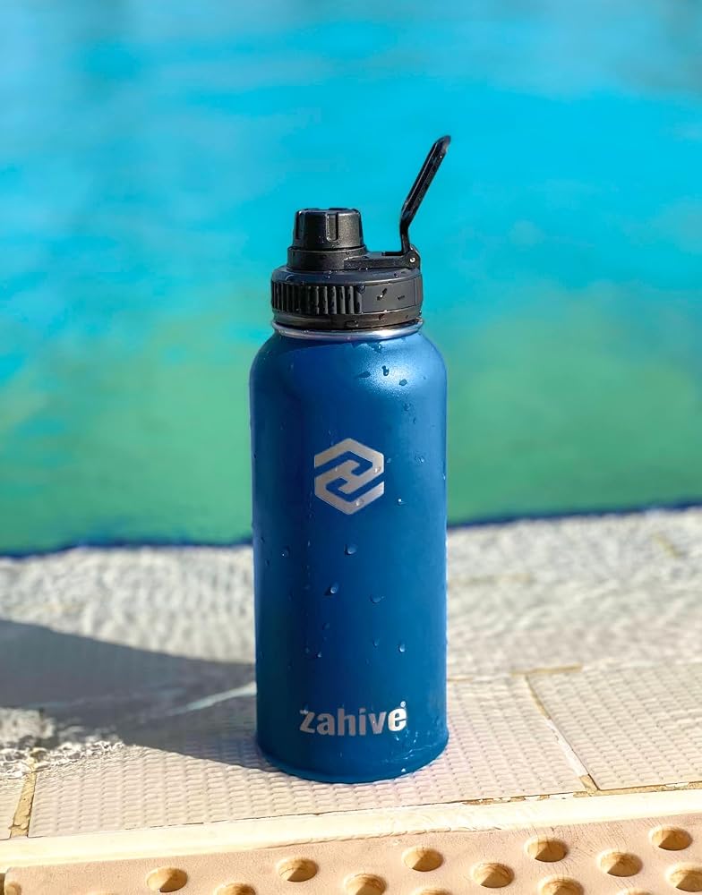 Zahive Insulated Water Bottle 1l with 3 Lids & Bag - Stainless Steel Water Bottle with Straw - 1000ml Double Wall Flask for Gym, Travel, Hot & Cold Drinks - Leak Proof (1 Liter, Navy Blue) - Image 5