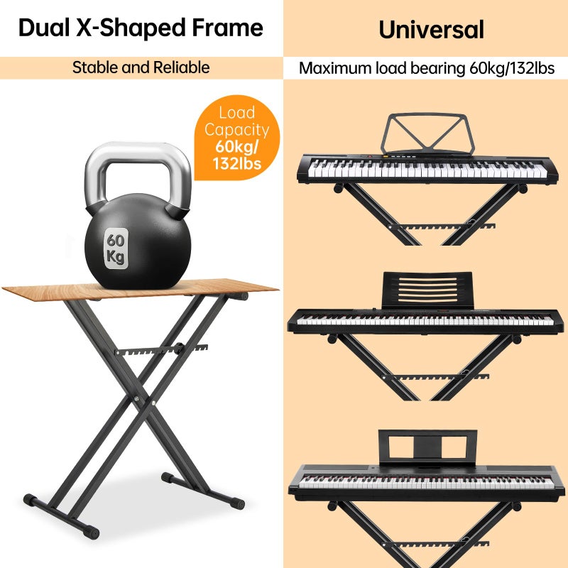 AODSK Double X Keyboard Stand - Adjustable Height 20.47-36.6 Inches, Adjustable Width 15.75-34.5 Inches, with Locking Straps, 132 lbs Load Capacity, Compatible with Keyboards From 61 to 88 Keys - Image 4