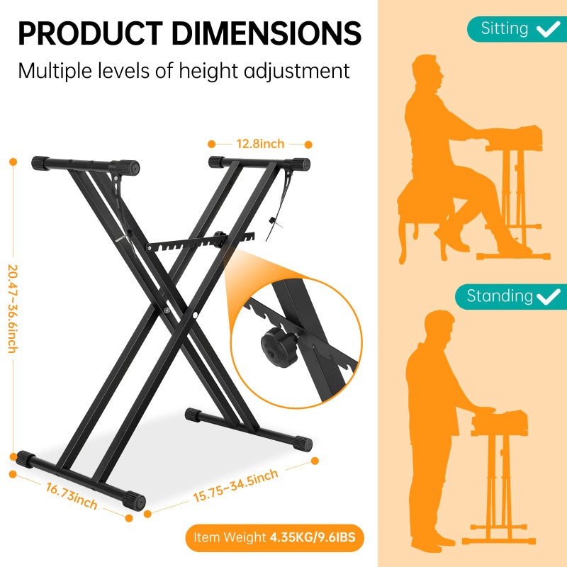 AODSK Double X Keyboard Stand - Adjustable Height 20.47-36.6 Inches, Adjustable Width 15.75-34.5 Inches, with Locking Straps, 132 lbs Load Capacity, Compatible with Keyboards From 61 to 88 Keys - Image 3