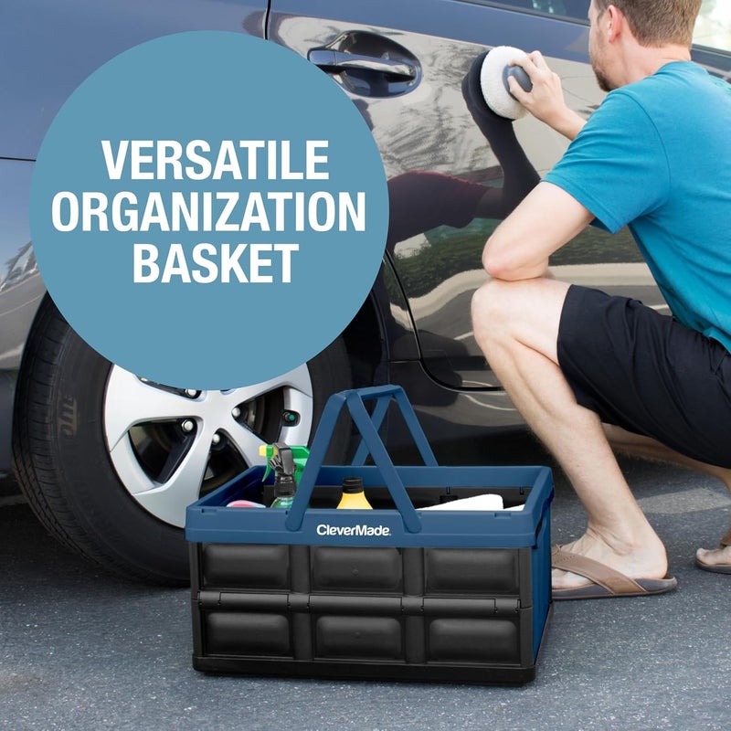 CleverMade Collapsible Shopping Basket 32L â€“ Folding Grocery Basket with Handles, Stackable Reusable Storage Crate with 35 lb Capacity, Recycled Plastic, Car Trunk Organizer - Ocean Blue - Image 5