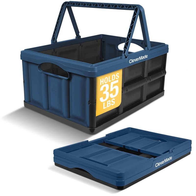 CleverMade Collapsible Shopping Basket 32L â€“ Folding Grocery Basket with Handles, Stackable Reusable Storage Crate with 35 lb Capacity, Recycled Plastic, Car Trunk Organizer - Ocean Blue - Image 1